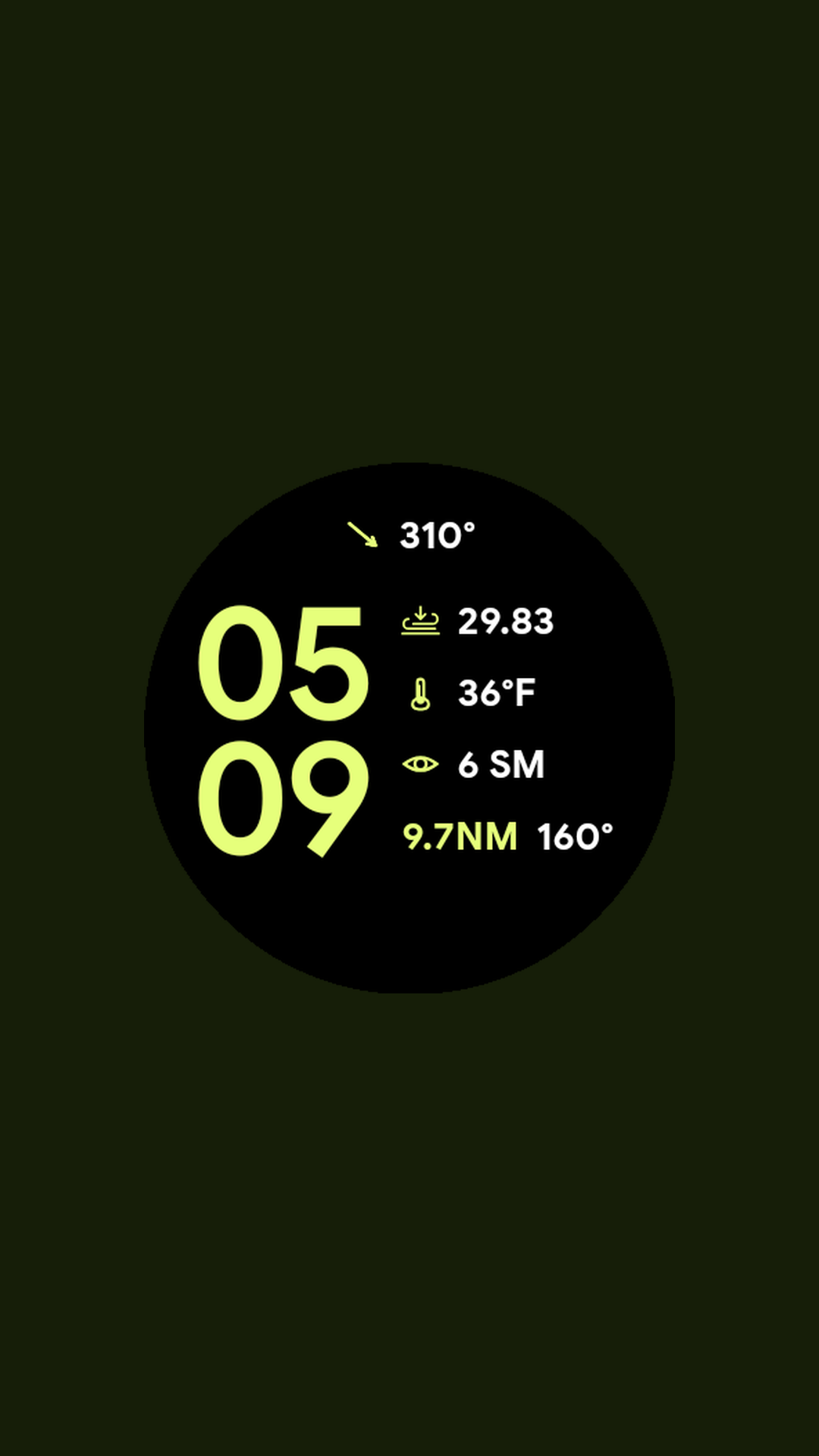 Digital watch face listing the nearest airport's distance and bearing alongside wind, altimeter, temperature, and visibility