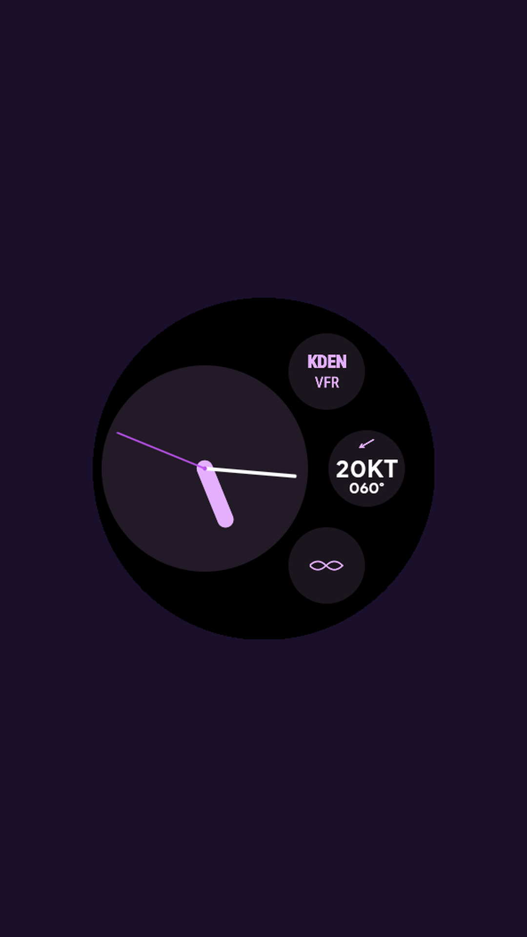 Analog watch face with airport, wind, and weather complications arranged around the dial