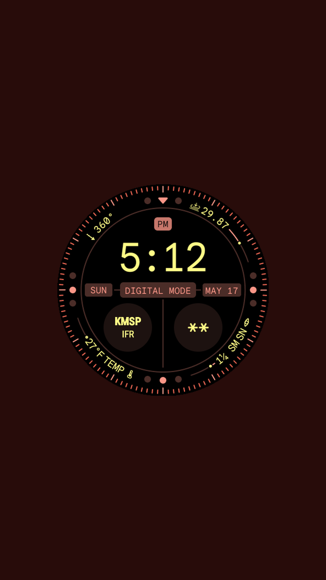 Aviation instrument watch face showing flight category, altimeter, wind, temperature, visibility, and precipitation